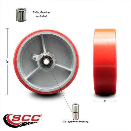 Service Caster SCC-6" Red Poly on Cast Iron Wheel Only w/Roller Bearing-1/2" Bore-1200 lb Cpty SCC-PUR620-RS